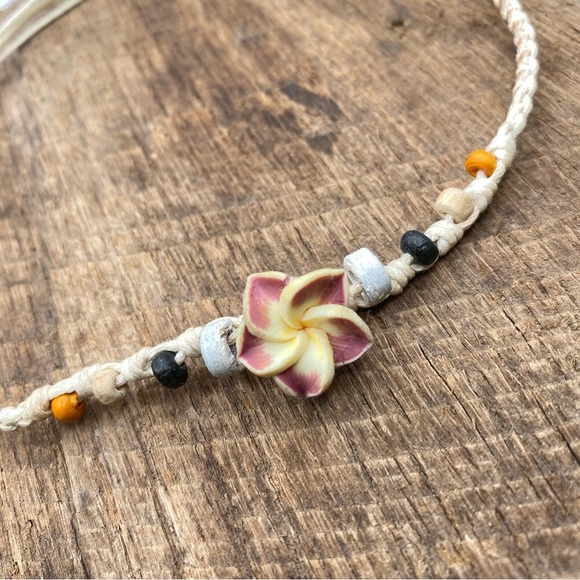 Beaded Plumeria Flower Braided Macrame Boho Beach Anklet - Picture 2 of 3
